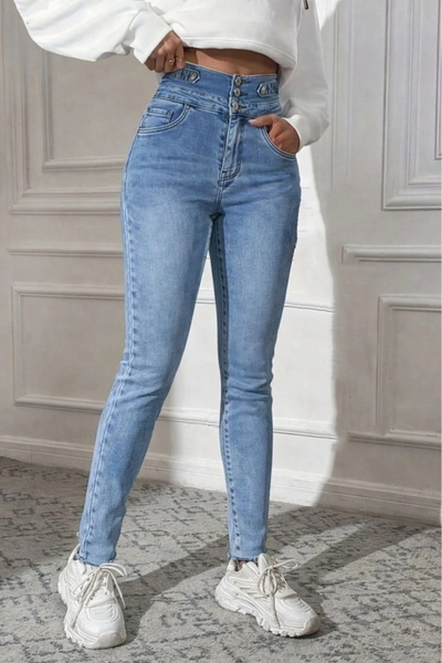 Generic Brand Women's High Waist Front Buttoned Pocket Slim Fit Detailed Jeans