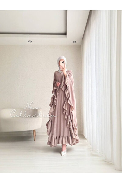 Mava Lady Kadın Kemer Detaylı Desenli FırFırlı Panço Elbise