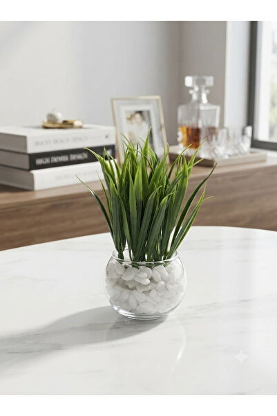 co arma Artificial Grass Plant in Glass Container with White Pebbles
