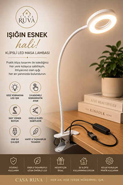 CASA RUVA USB Şarjlı Klipsli LED Masa Lambası Dokunmatik Esnek Boyunlu Beyaz ...
