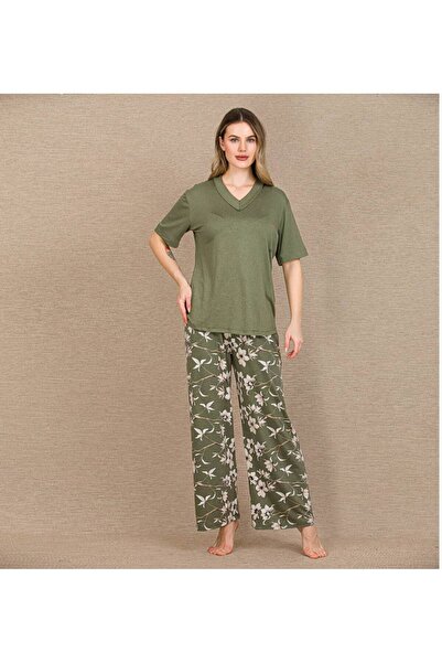 ZEYCEN Kadi Short Sleeve Floral Patterned Viscose Green Pajama Set