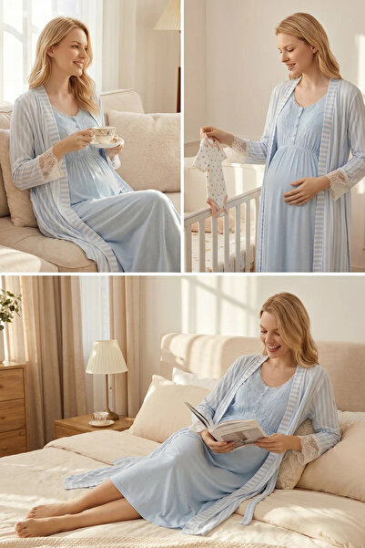 Rimel Homewear طقم ملابس نوم نسائية بتفاصيل من الدانتيل للحوامل، طقم مخطط يسه...