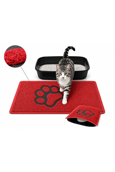 ANUTYA HOME Çift Katmanlı Kedi Kumu Paspası Kırmızı Pati Desenli Kaymaz Taban...