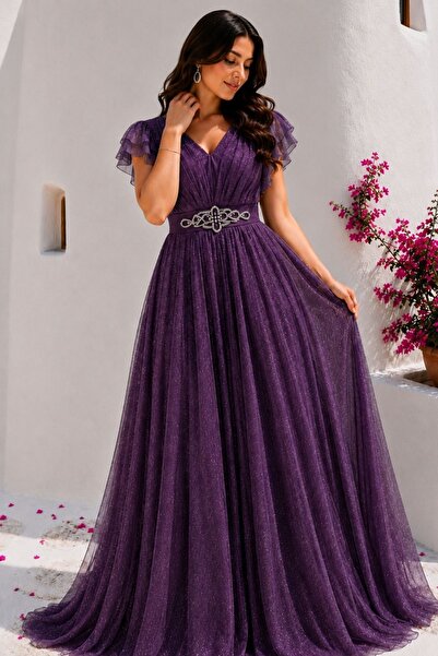 HİRAMİR Kadın Büyük Beden Taş Kemer Detaylı Abiye Elbise YZ2738