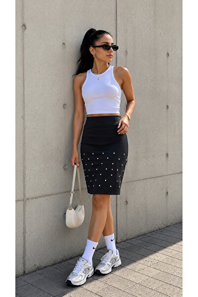 get crazy collection Stone Decorated Corded Midi Skirt Black