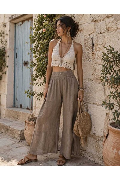 Budan Export Women's 100% Cotton Linen Wide-Leg Trousers with Elastic Waist, ...