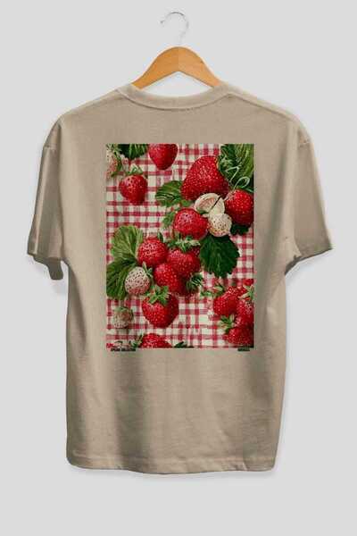 Ankhises Strawberry Oversize Back Printed Beige T-Shirt Unisex 100% Cotton Pr...