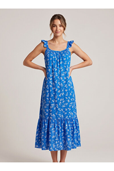 gökçesu Women's Strappy Patterned Summer Dress - Ruffle Detailed Strappy Midi...
