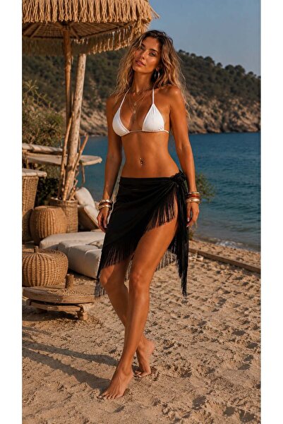 BALIENTE Black Waist-Tied Satin Triangle Tassel Women's Pareo