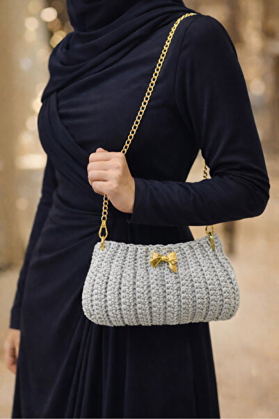 Queen Crochet Handbag with macrame - فضي
