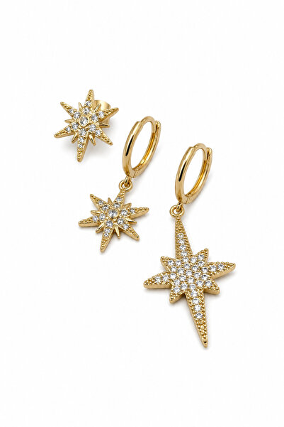 Jack Ferrero Star Figured Zircon Stone Yellow Tone Bijouterie Earring Set - 3...