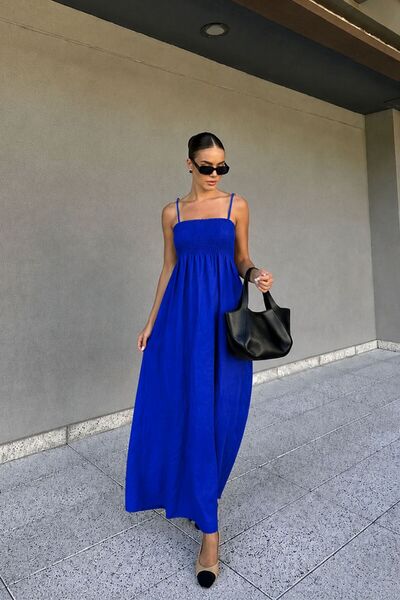 oshebu Saks Blue - Women's Shoulder-Strap Gathered Unlined Long Dress