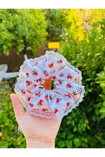 Maral toka aksesuar Kiraz desenli dantel kenarlı scrunchie simit Toka