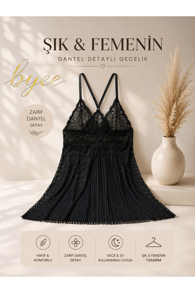 Byee Kadın Siyah Göğsü Dantelli Ayarlanabilir Askılı Piliseli Mini Gecelik/Ba...