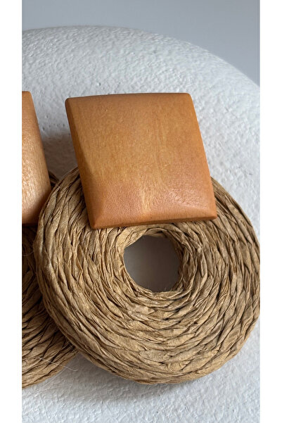 BHR AKSESUAR Square Wood Detailed Round Wicker Earrings (5.5 cm)