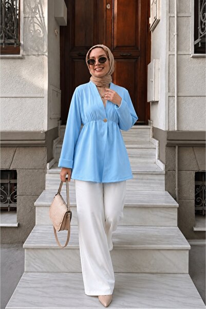 Lunfia Lastikli Bel, Katlanabilir Kolu, Tek Düğmeli Krep Kimono - Bebe Mavi