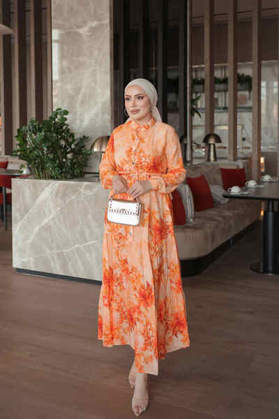 İmajButik Oranj Yarım Düğmeli Kol Lastikli Eteği Katlı Elbise