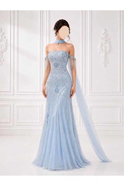 ranin Sky Blue Evening Dress Off Shoulder Long Cape Lace Applique Mermaid Gowns
