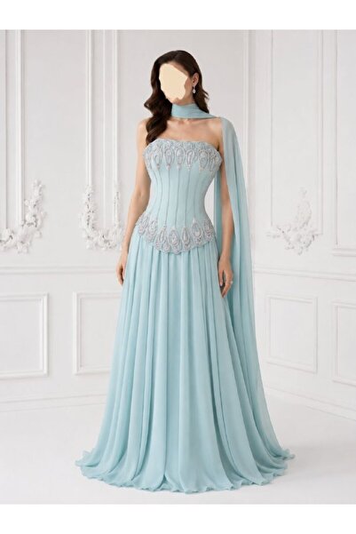 ranin Sky Blue Evening Dress with Chiffon Embroidery and Double Cloche Cut