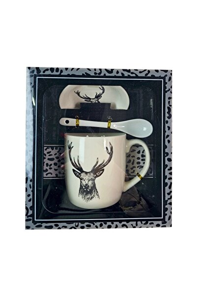 velve Set cana din ceramica 300 ml cu lingurita si farfurie, model cerb, amba...