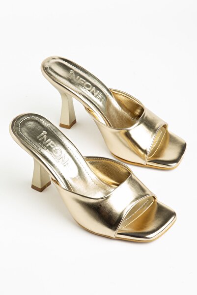 Zerenyus Zri̇n-687 Exclusive Gold Patent Leather Single Strap Square Heeled S...