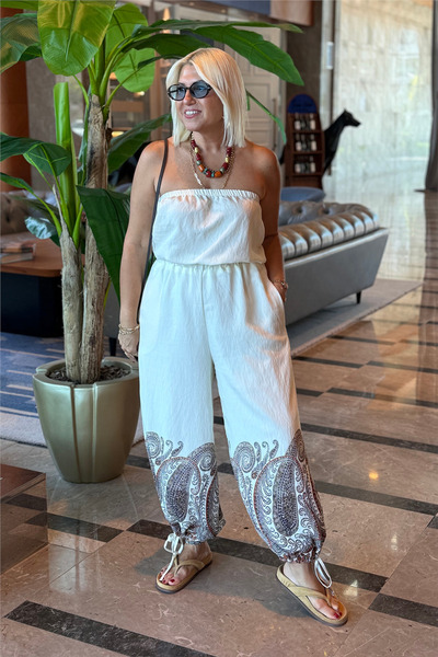 By Esra Celkan White Strablez Ethnic Pattern Jumpsuit with Lace Detail