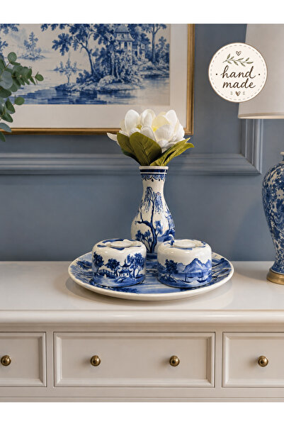 ferayhome Collection Series Hand Made Salon Tabak Seti Manzara Desenli Lacive...