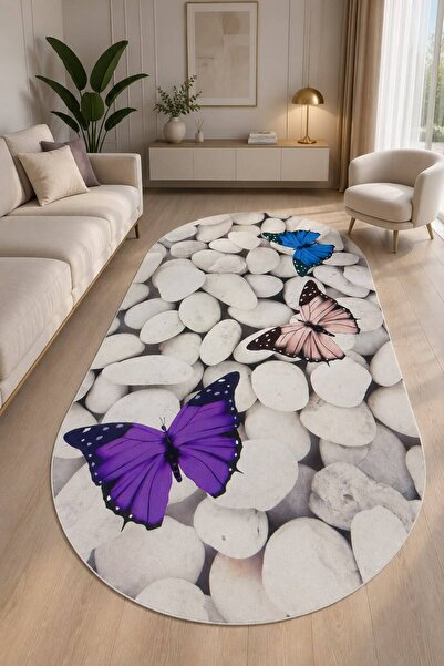 GNL HOME Oval Kelebek Desenli Kaymaz Taban Dijital Baskı Yıkanabilir Salon Mu...