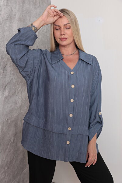 KİFAYET Plus Size Casual Shirt V-Neck Long Sleeve Solid Color Women's Shirt
