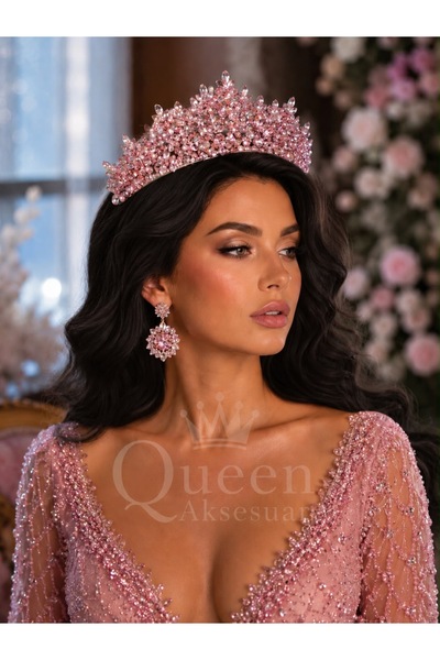 QUEEN AKSESUAR Royal Crown Thesa Light Pink Crystal Stone Luxury Design Engag...