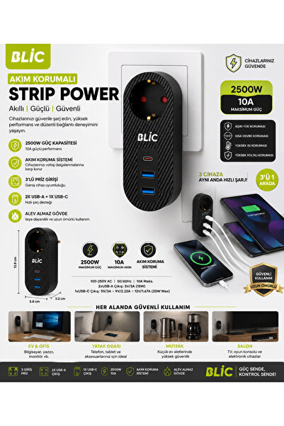 Blic Akım Korumalı Priz 2500W 10A | 2 USB-A + 1 PD 20W Type-C Hızlı Şarj | Te...