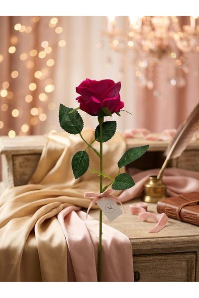 Ela Flowers & Gift Kadife Tek Dal Yapay Koyu Pembe ( Fuşya ) Gül 55 Cm Dekora...