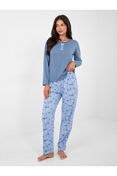 Forever Pink Pijama Dama, Forever Pink, Bumbac, Maneca lunga, Albastru, model...