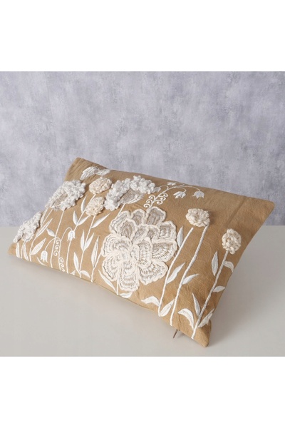 Boltze Pernă decorativă brodată din bumbac, cu flori, 49x29x15 cm, bej