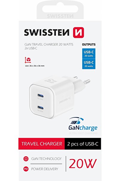 SWISSTEN Încărcător rapid de rețea GaN 20W Power Delivery, adaptor 2x USB-C