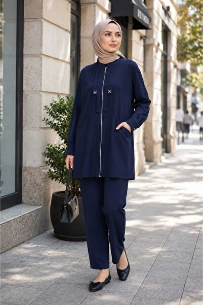 Puane Women's Zippered Double Pocket Two-Sleeve Stone Detailed Trouser Suit