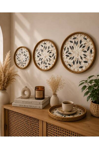 HEPBİMODA Sedefli Rattan Tepsi & Duvar Dekoru 3!lü Set Doğal Hasır Sunum Tepsisi, Bohem Dekoratif Servis Tepsisi