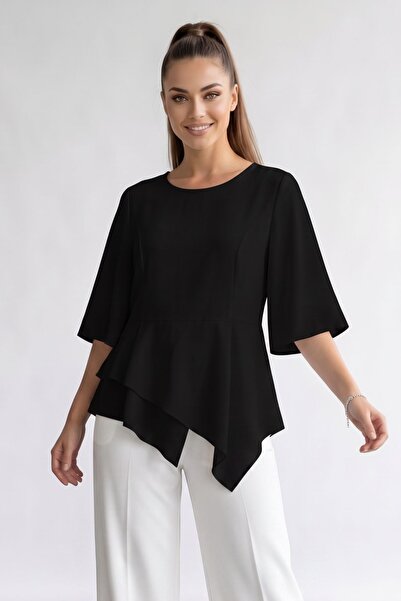 Maya Butik Siyah Sıfır Yaka Kollar Volanlı Peplum Bluz - Javelin 21948