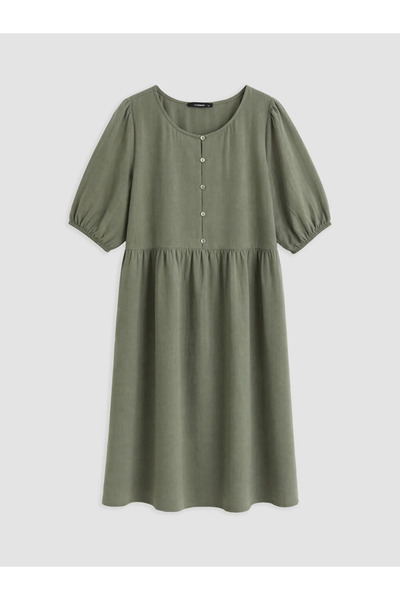 LC Waikiki Khaki Plus Size Crew Neck Pleated Dress