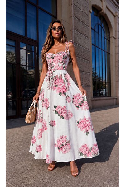 Butik Şenel Vintage Floral Patterned Strappy Long Linen Maxi Dress