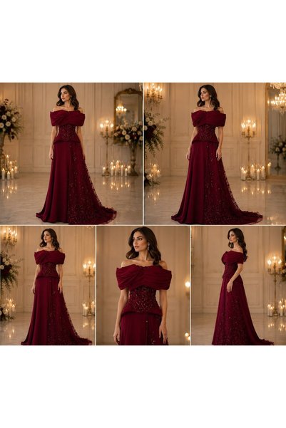NUHAIRa Tel roda off shoulder chiffon evening dress with barbie lining