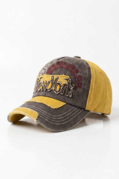 Kapin New York Eskitme Kumaş Hardal Baseball Cap Nakışlı Tasarım Şapka