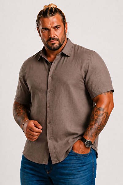 MocGrande Men's Large Size Short Sleeve Pocketless Linen Shirt 11310 Dark Brown