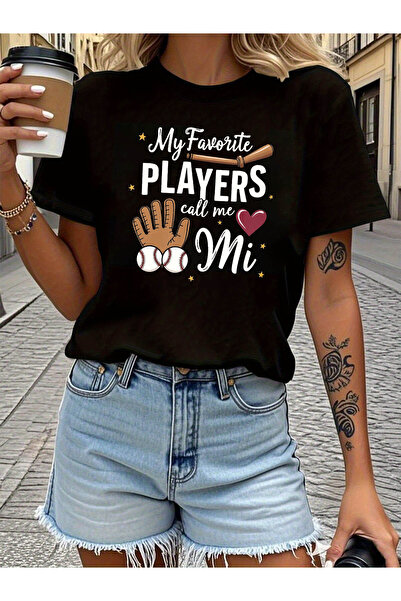 01THEONE My Favorite Players Call Me Mi Letter Print T-shirt, Short Sleeve Cr...