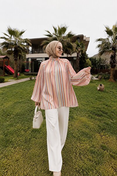Lunfia Hakim Yaka Çizgili Astarlı Oversize Tunik - Somon