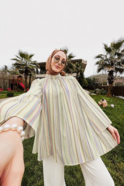 Lunfia Hakim Yaka Çizgili Astarlı Oversize Tunik - Sarı