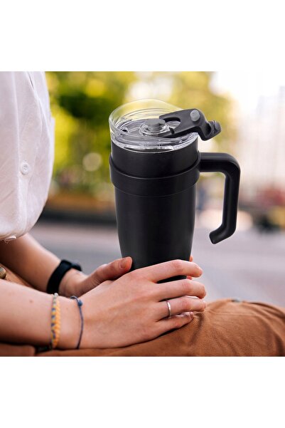 Orion Cana termică cu pai și mâner, neagră, pentru cafea, tip termos, 1,2L