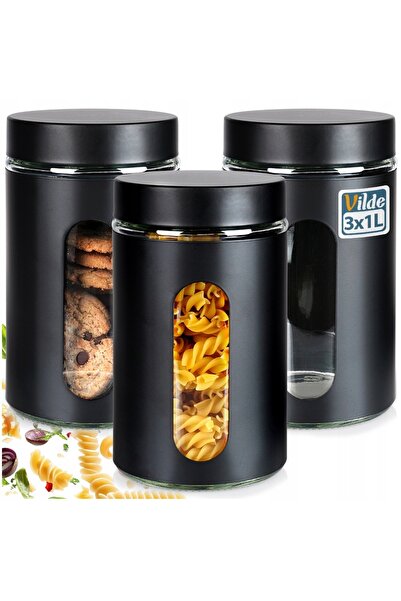 Vilde 3x Recipient de sticlă negru, de bucătărie, pentru alimente și produse ...