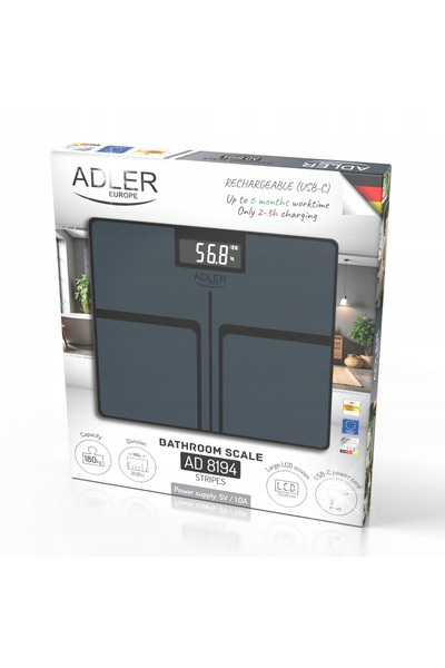 Adler Europe Cântar de baie electronic precis, 180 kg, din sticlă, subțire, LCD