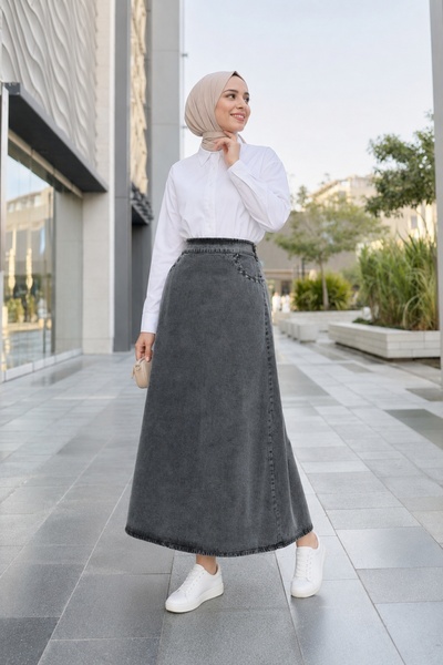 Lunfia Yarım Lastikli Cepli Nakışlı Kot Etek - Füme